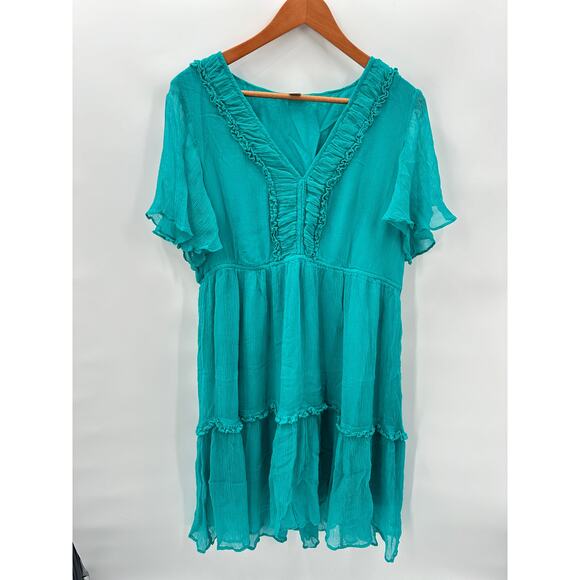 SUNDANCE CLOTHING Teal V Neck Flounce Dress // Large Petite - Picture 2 of 8